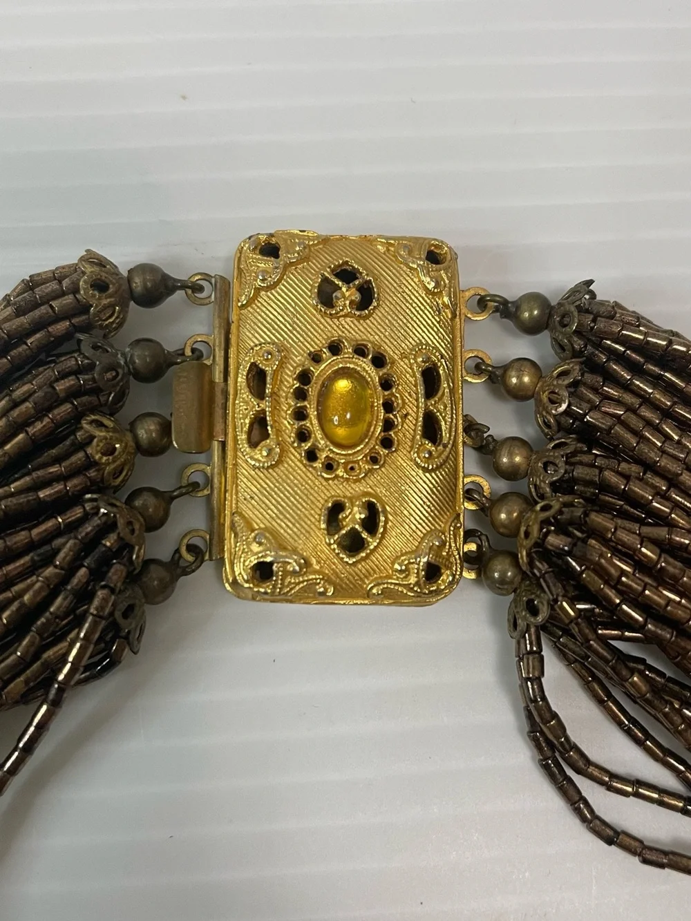 VTG Multi-Strand Copper Brown Beaded Choker Necklace Gold Tone Filigree Clasp - Picture 2 of 5